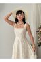 Women's Beige Floral Detailed Square Neck Strap Waist-Fitted Midi Dress - 4