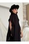 Women's Black Midi Dress with Cape Detail, Gathered Midi Diver Fabric Event Dress - 5
