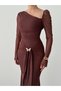 Women's Coffee Color Asymmetrical Collar Draped Brooch Detailed Tulle Long Sleeve Midi Dress - 7