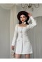 Women's Ecru Mini Dress Square Collar Button Detail Long Sleeve Stylish Cut - 5
