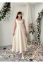 Women's Beige Floral Detailed Square Neck Strap Waist-Fitted Midi Dress - 5