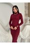 Women's Burgundy High Neck Long Sleeve Gathered Slit Midi Pencil Dress - 3