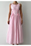 Women's Pink Midi Dress Lace-Up Gathered Buttoned Sleeveless Poplin - 2