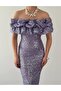 Women's Lilac Strapless Sequined Ruffle Detailed Boat Neck Midi Evening Dress - 7