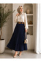 Women's Side Zippered Belted Pleated Imported Crepe Long Skirt - 2