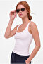 Women's White Scoop Neck Full Length Double Layer Modal Cotton Strappy Basic Bodysuit - 3