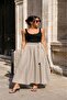 Women's Black Square Neck Strappy Belted Gathered Plaid Patterned Maxi Dress