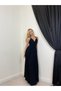 Women's Black Maxi Halter Neck V-Neck Lace Paneled Strappy Evening Dress