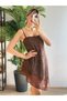 Women's Brown Strappy Lace Detailed Asymmetrical Hem Mini Dress