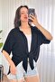 Women's Black Short Sleeve Tie-Up Kimono Cut Flowy Shirt Collar Blouse