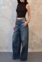 Women's Navy Blue High Waist Wide Leg Washed Denim Jean Trousers - 4