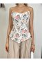 Women's White Floral Patterned Strappy Square Neck Fitted Asymmetrical Hem Blouse - 3