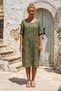 Khaki Pool Collar 3/4 Sleeve Hidden Pocket Lined Embroidered Casual Cotton Woven Dress 105 56 - 3