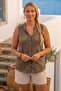 Light Brown Hakim Collar Sleeveless Buttoned Embroidered Casual Cotton Woven Blouse 70 60 - 5