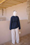 Navy Blue Asymmetrical Cut Waist Tie Blouse - 5
