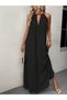 Women's Off-The-Shoulder Halter Neck Long Viscose Dress with Accessory Detail and Without Belt - 2