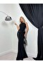 Women's Black Halter Neck Side Cutout Gathered Draped Long Evening Dress