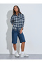 Navy Blue Checked Long Sleeves Oversized Shirt - 2