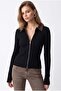 7043 Women's Denim Collared Zippered Ribbed Knit Cardigan Black