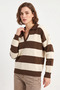 Women's Polo Collar Striped Knitwear Brown Cream Sweater - 6