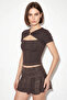 Women's Metal Accessory Low-Cut, Body-Hugging Bitter Brown Blouse - 4