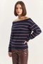 Women's Bardot Collar Striped Knitwear Navy Blue Burgundy Sweater - 8
