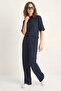 Women's Soft Touch Ribbed Half Sleeve T-Shirt Elastic Wide Leg Navy Blue Pants Set - 4