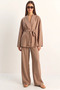 Women's Belted Kimono with Elastic Waist, Pocket Detail, Loose Palazzo Modal Milk Coffee Set - 7