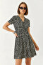 Women's Double Breasted Collar Patterned Short Sleeve Mini Black Dress - 4