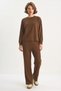 Women's Crew Neck Long Sleeve Top with Elastic Waist, Loose Bottom with Piping Detail, Modal Brown Set - 7