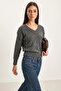 Women's Self-Textured V-Neck Anthracite Sweater - 3