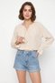 Women's Tie Collar, Flounce Sleeve Detailed, Linen Textured Cream Blouse - 5