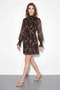 Women's Patterned Gipeli Collar and Sleeve Detailed Belted Lined Mini Chiffon Brown Dress - 3