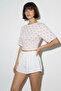 Women's Crew Neck Polka Dot Patterned Waist Fitted Short Sleeve White Pink Blouse - 2