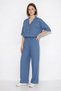 Women's Shirt Collar Balloon Sleeve Wide Leg Indigo Trousers Set - 2