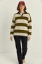 Women's Oversize Striped Polo Collar Heart Pattern Embroidered Knitwear Cream Green Sweater - 4