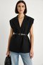Women's Pocket Detailed Belted Padded Oversize Lined Blazer Black Vest