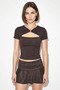 Women's Metal Accessory Low-Cut, Body-Hugging Bitter Brown Blouse