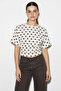 Women's Crew Neck Polka Dot Patterned Waist Fitted Short Sleeve Cream Brown Blouse