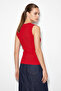 Women's Stone Embellished Crew Neck Thick Strap Ribbed Red Blouse - 6