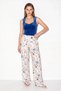 Women's Ocean Breeze Patterned Studded Scarf Accessory Pocket Detailed Elastic Waist Linen Trousers White Blue - 5