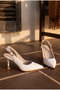 Women's White Leather Pointed Toe Metal Heeled Shoes with Gold Accessories - 2