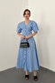 Blue Button Midi Length Poplin Dress