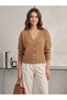Women's Camel Pearl Buttoned V-Neck Knitwear Cardigan – Ribbed Knit Casual Stylish Cardigan