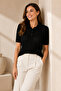 Women's Black Polo Neck Short Sleeve Buttoned Openwork Knitwear Blouse 23070 - 4
