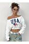 Women's Boat Neck Crop New Usa Printed Sweatshirt