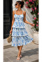 Timeless Elegance - Women's Rope Strap Blue Floral Patterned Layered Flounce Summer Midi Dress with Chest Detail - 5