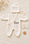 3 Piece 100% Cotton Muslin Ecru Love Printed Ruffled Double Breasted Hospital Discharge Set 0-3 Months - 4
