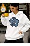 Denim Pattern Flower Front Print Oversized Women's Hooded Sweatshirt