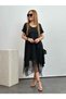 Women's Short Sleeve Round Tulle Asymmetric Detail Viscose Dress - 6